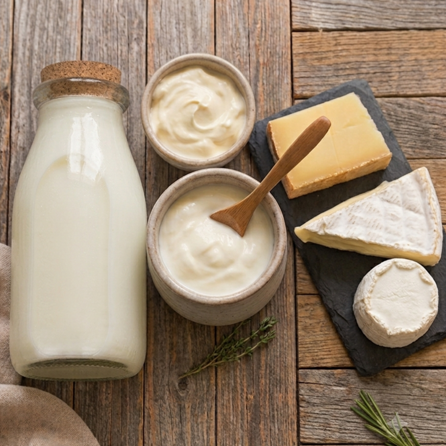 Produits laitiers : lait, crème, yaourt, fromages